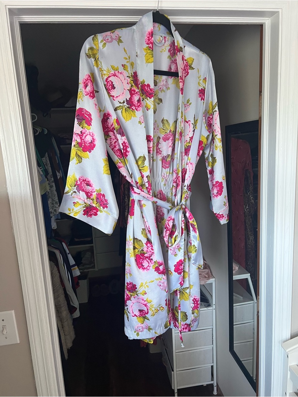 Floral Satin Robe with Belt - Pink Peony Floral on Light Blue
